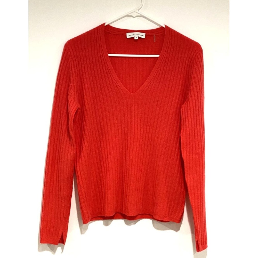 White + Warren Cashmere V-Neck Sweater Bright Coral Pink Small